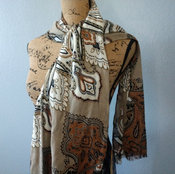 Accessories - Brown Orange Neck Scarf Shawl Fringe Paisley